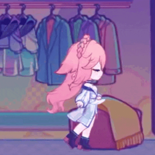 a cartoon girl with pink hair is standing in front of a closet full of clothes .