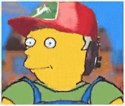 a cartoon character is wearing headphones and a red hat .