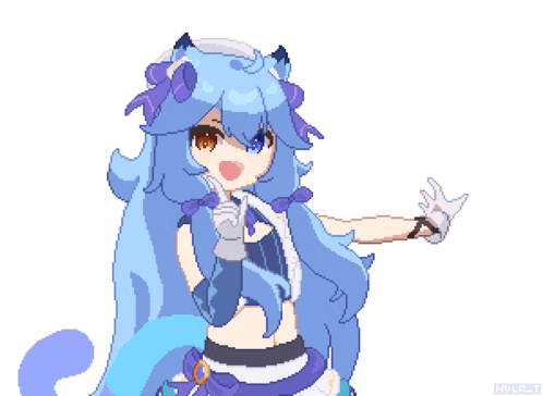 a pixel art drawing of a girl with blue hair and a cat tail