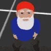 a gnome with a red hat and beard is wearing a blue shirt and a blue shirt .