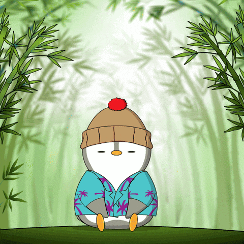 a penguin wearing a beanie and a hawaiian shirt sits in a forest