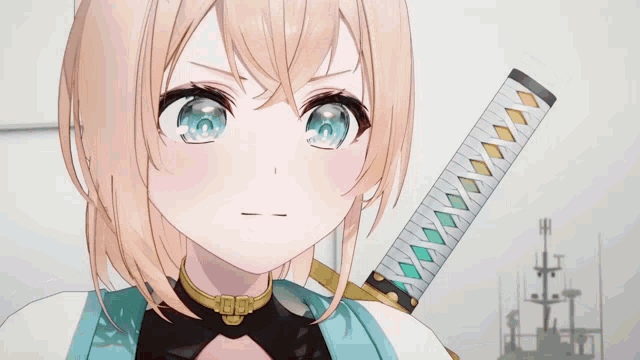 a girl with blonde hair and blue eyes is holding a sword in her hands