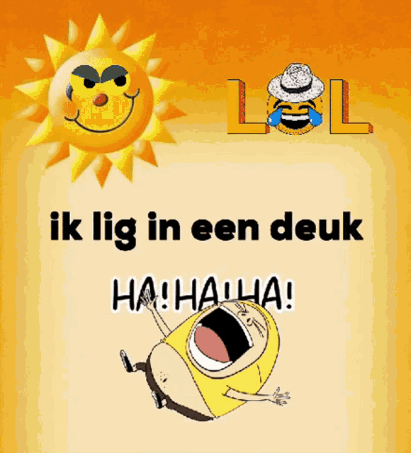 a cartoon of a man laughing with the words ik lig in een deuk ha ha ha