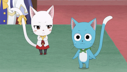 two cartoon cats are standing next to each other on a carpet