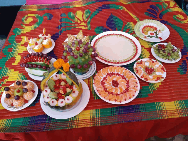 a table topped with plates of fruit and vegetables
