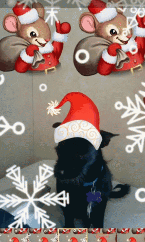 a black dog wearing a santa hat with snowflakes behind him