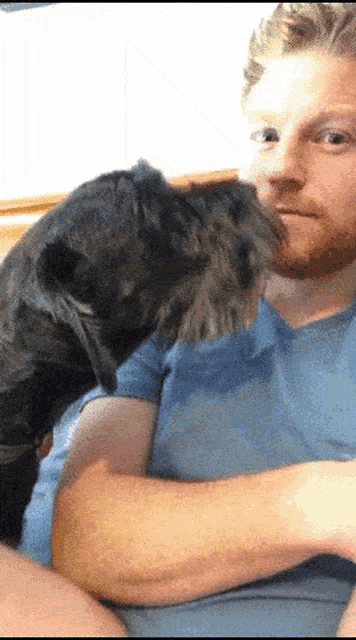 a man with a beard is holding a black dog on his lap