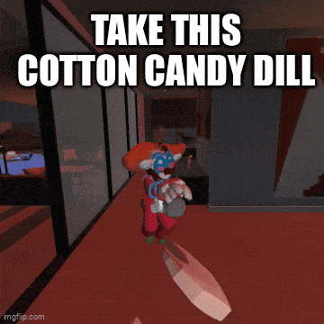 a clown holding a cotton candy dill in a room