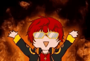a cartoon character with red hair and sunglasses is standing in front of a fire explosion