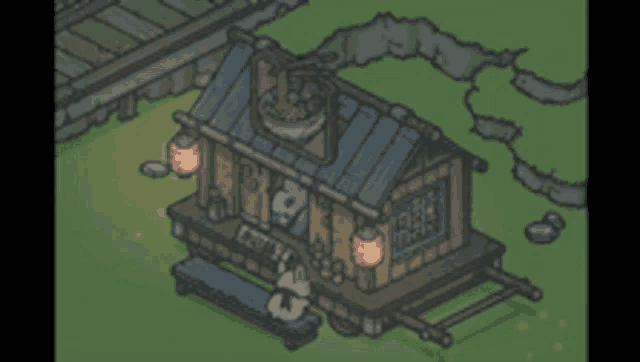 a cartoon drawing of a small house with a blue roof and lanterns on the side