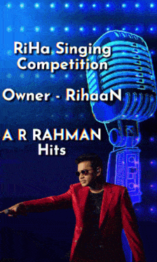 a man in a red suit is standing in front of a microphone with the words riha singing competition written above him