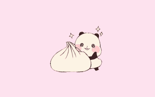 a panda bear is holding a bag of food with hearts coming out of its mouth .