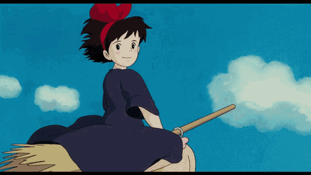 a girl with a red bow on her head is riding a broom in the sky