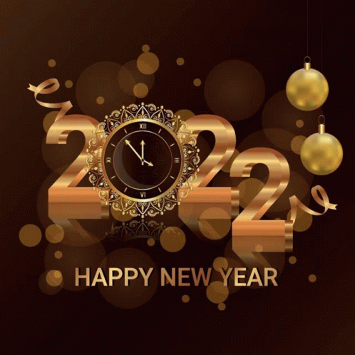 a happy new year greeting card with gold numbers and a gold clock