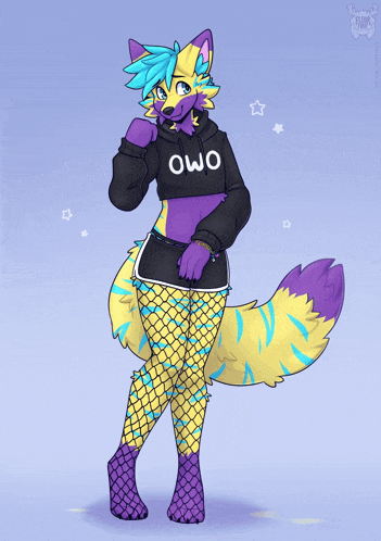 a yellow and purple furry character wearing a hoodie that says owo