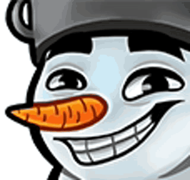 a cartoon snowman wearing a hat and smiling with an orange carrot in his mouth .