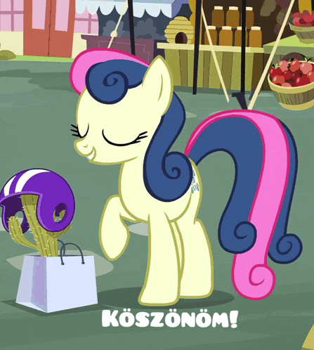 a cartoon pony is standing next to a bag that says koszonom on it