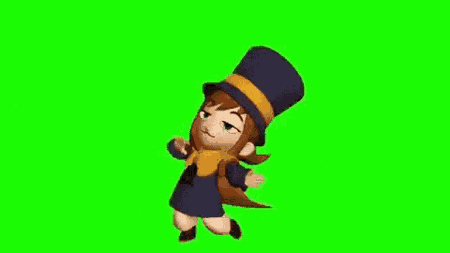 a cartoon girl wearing a top hat and a dress is dancing on a green screen .