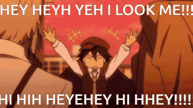 a man with his arms in the air says hey heyh yeh i look me !!