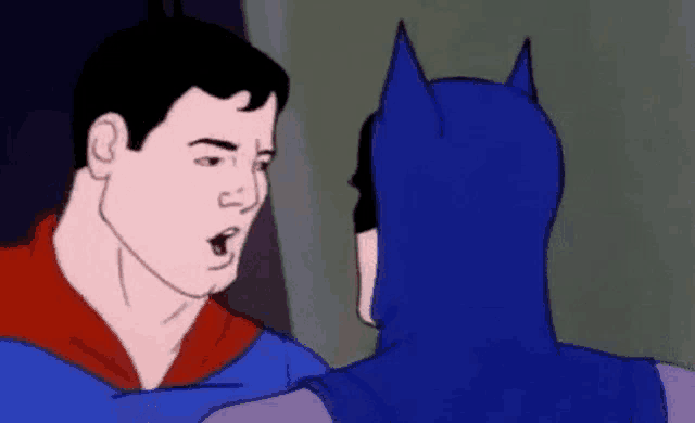 a cartoon of superman and batman standing next to each other and talking .