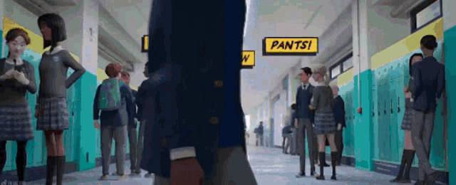 a group of children are standing in a hallway with a sign that says pants .