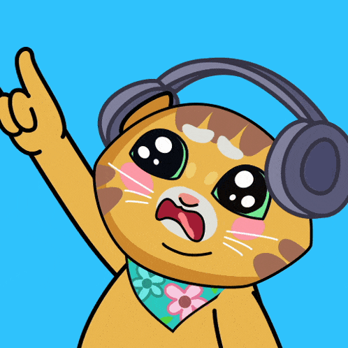 a cat wearing headphones is pointing up