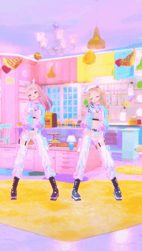 two anime girls are dancing in a kitchen with a pizza on the wall