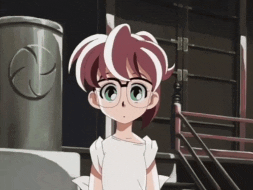 a girl with glasses and red hair is standing in front of a metal container