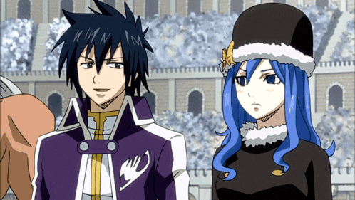 a boy and a girl are standing next to each other in a fairy tail cartoon