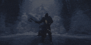 a man holding a scythe in a cave