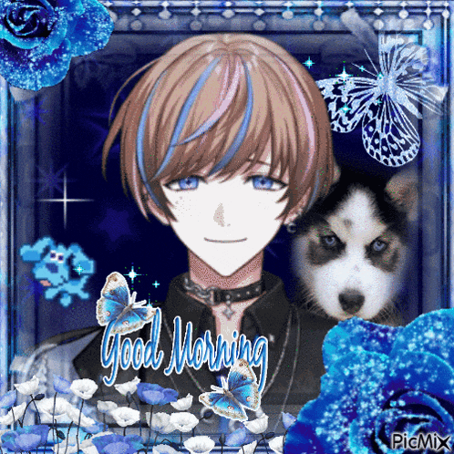 a picture of a boy with blue hair and a dog with the words good morning on it