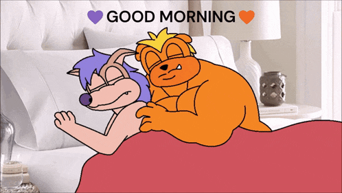 a cartoon of two animals laying on a bed with the words good morning above them