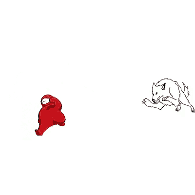 a black and white drawing of a wolf and a red cartoon character