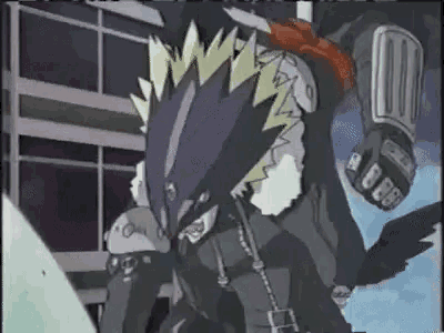a cartoon character is standing in front of a building and holding a sword .