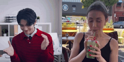 a man in a red and black striped shirt is giving a thumbs up next to a woman drinking a green smoothie