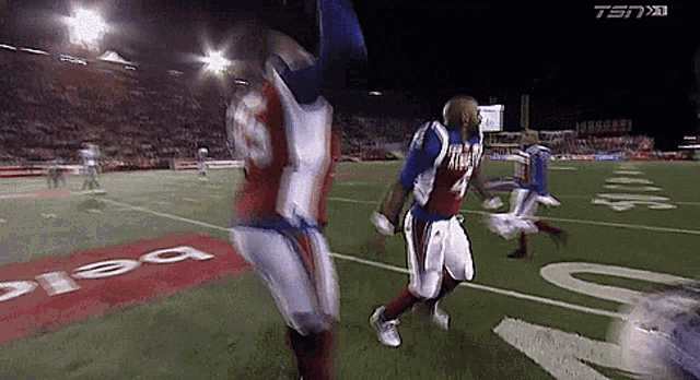 a football game is being played on a field that has a tsn logo on it