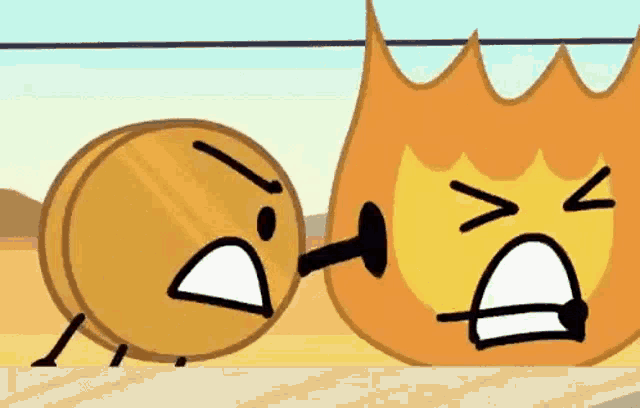 a cartoon character is standing next to another cartoon character , a fireball .