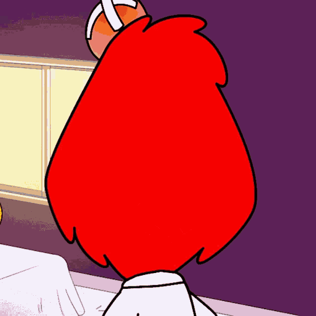 a cartoon drawing of a red bird with a yellow beak and a purple background