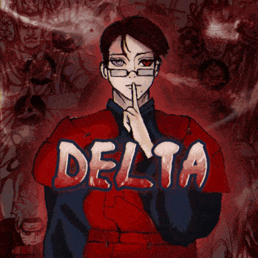 a drawing of a man with glasses and the word delta on the bottom