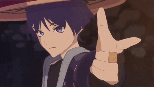 a cartoon character with purple hair and blue eyes is giving a thumbs up sign