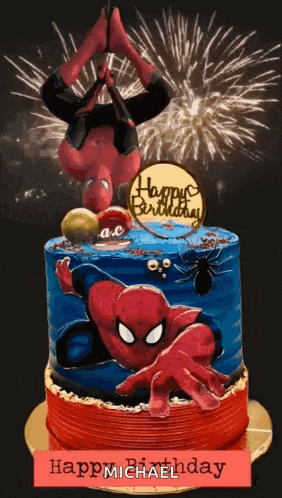 a birthday cake with a spider man on it and fireworks in the background