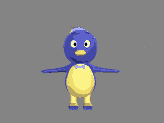 a blue and yellow penguin with a bow tie