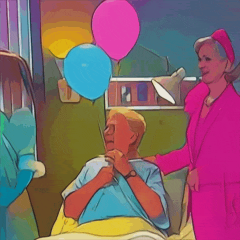 a cartoon of a man in a hospital bed holding three balloons