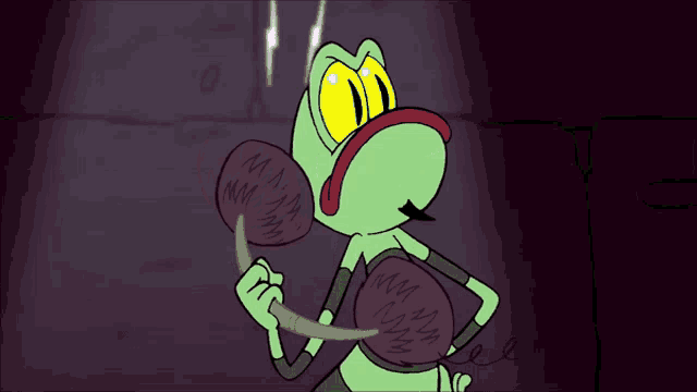 a cartoon frog is holding a purple object with the letters mm written on it
