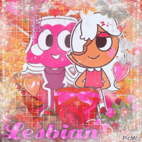 a picture of two cartoon characters with the word lesbian written in pink