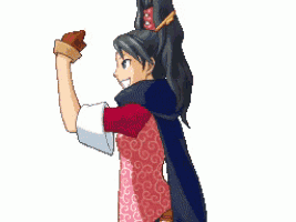 a pixel art drawing of a girl in a pink and blue outfit