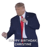 a man in a suit and tie is dancing and saying happy birthday , christine .