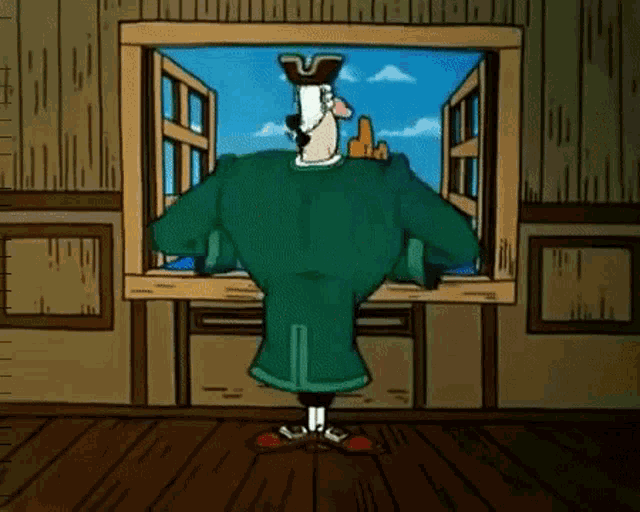 a cartoon character in a green coat and a pirate hat stands in front of an open window