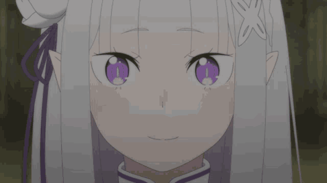 a girl with white hair and purple eyes looks at the camera