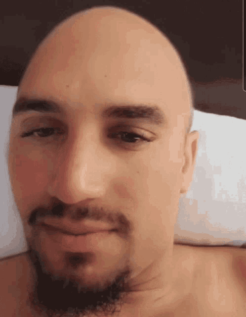 a shirtless man with a beard is laying on a bed
